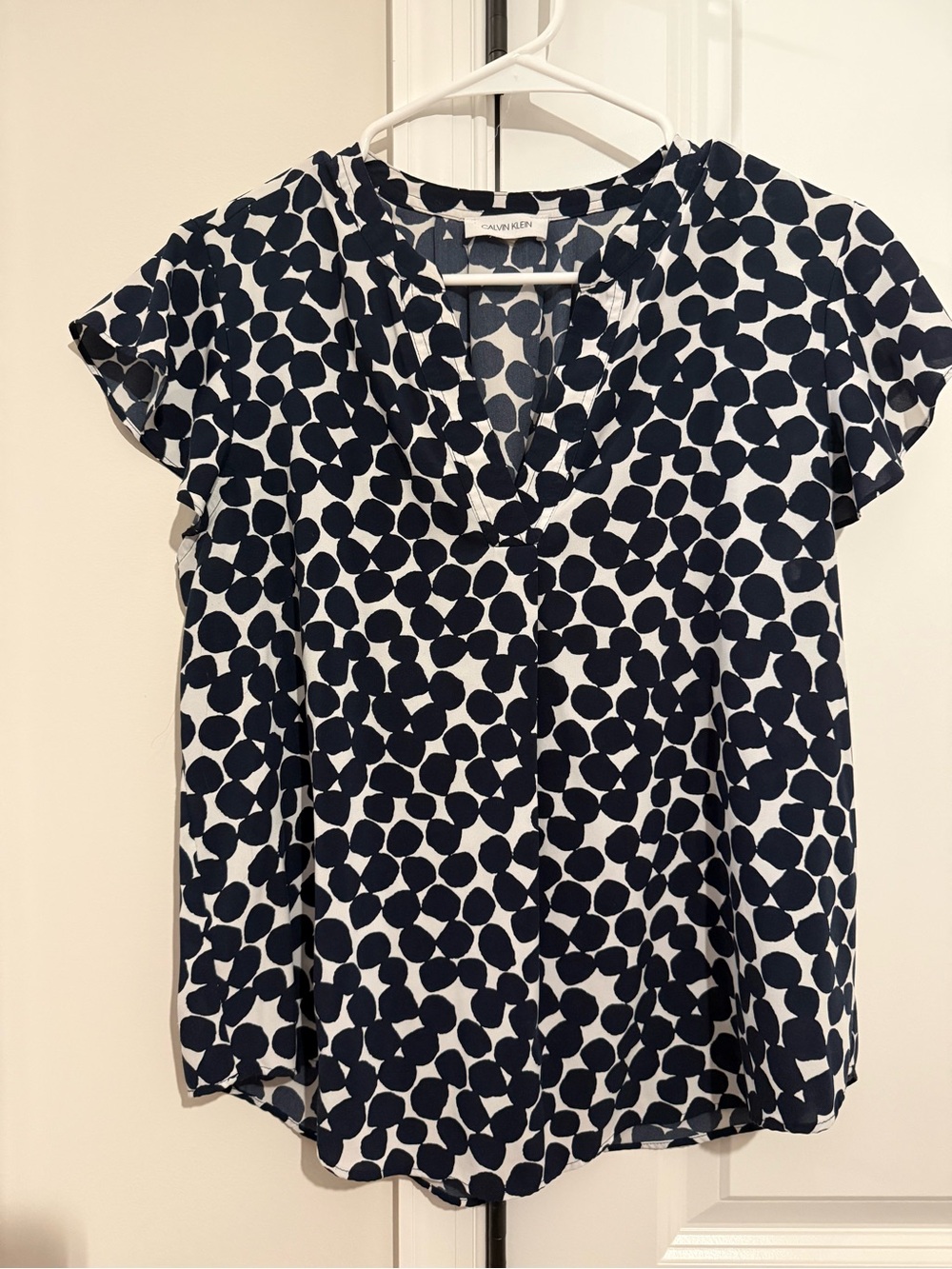 Calvin Klein Navy and White Polka Dot Short Sleeve V-Neck Blouse